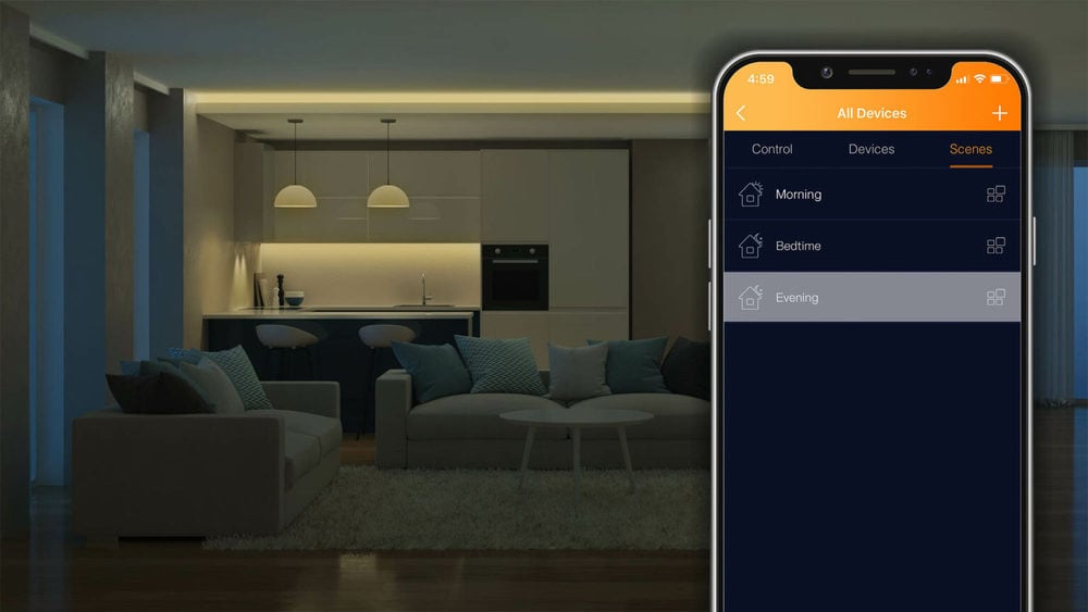 Modern house interior. Evening lighting. Night. 3D rendering.