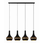 Vier zwarte hanglampen met houten accenten, ideaal voor moderne eet- of woonruimtes, ontworpen door Lichy Lampen.