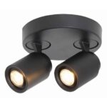 Eenvoudige zwarte plafondspot met twee richtbare led-lichtpunten, ideaal voor moderne interieurverlichting.