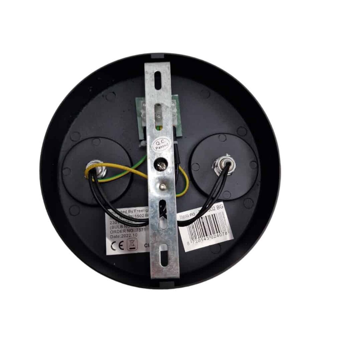 Eenvoudige close-up van de achterkant van een Lichy hanglamp met zichtbare elektrische bedrading en bevestigingsmechanisme.