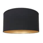 Eenvoudige zwarte plafondlamp met zwarte stoffen kap en warme binnenkant, ideaal voor moderne interieurverlichting.