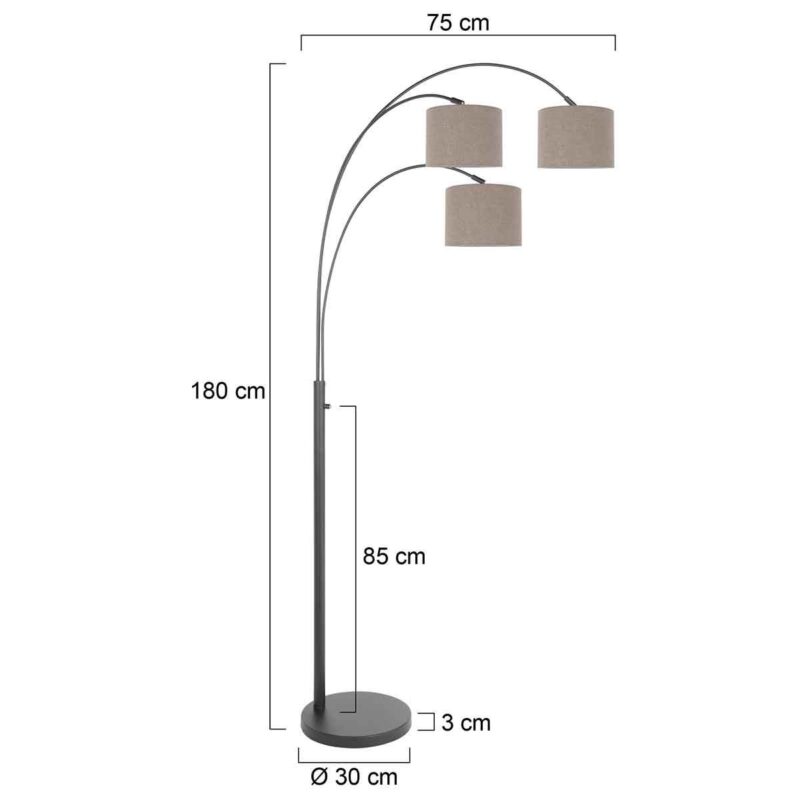 3 Lichts vloerlamp Sparkled Light 3826ZW met grijs linnen kappen - Afbeelding 6