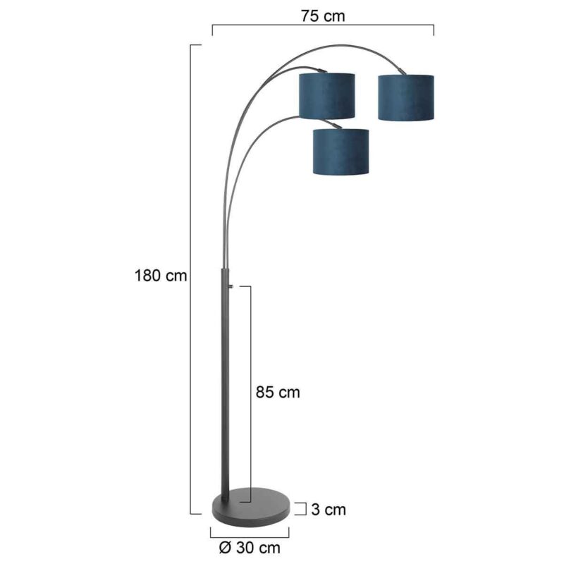 3 Lichts vloerlamp Sparkled Light 3828ZW met blauw velours kappen - Afbeelding 7