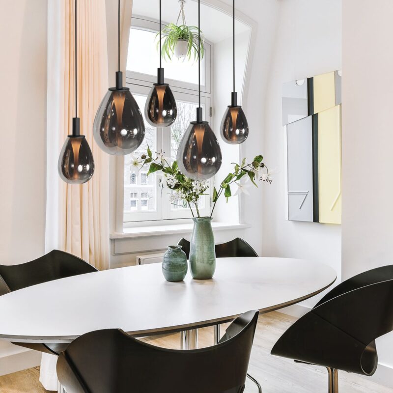 5-lichts Hanglamp 4197ZW – Zwart met Smoke Glas - Afbeelding 3