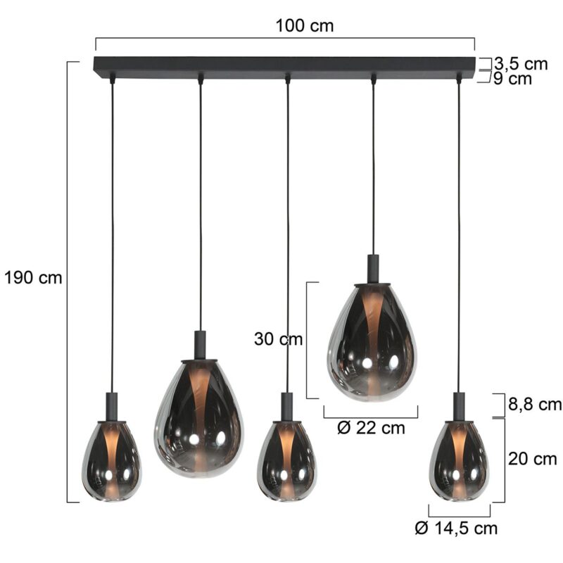 5-lichts Hanglamp 4197ZW – Zwart met Smoke Glas - Afbeelding 7