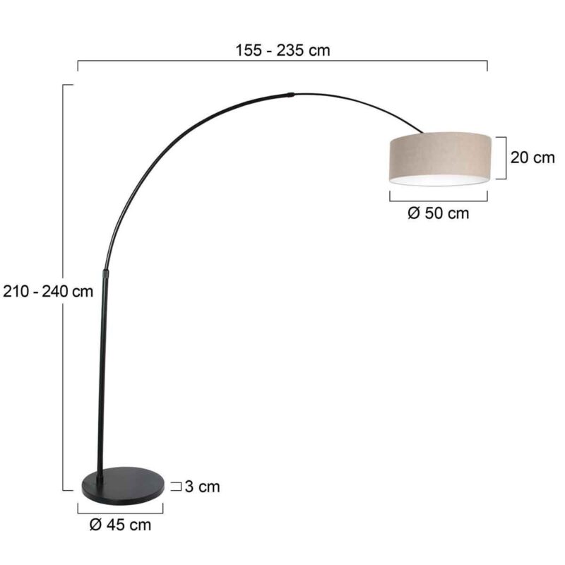Zwarte vloerlamp / booglamp Sparkled Light 9900ZW met grijs linnen kap - Afbeelding 6