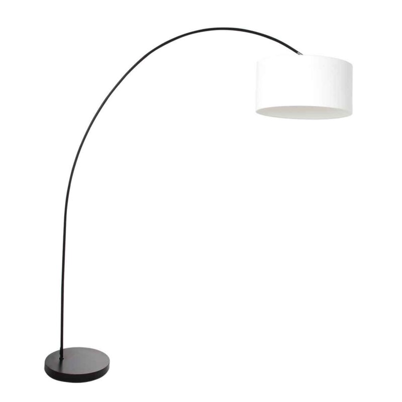Booglamp Solva 3897ZW Zwart met een grof wit linnen kap
