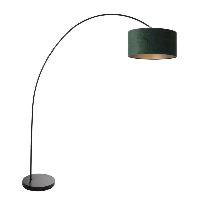 Booglamp Solva 3899ZW Zwart met een groen fluwelen lampenkap