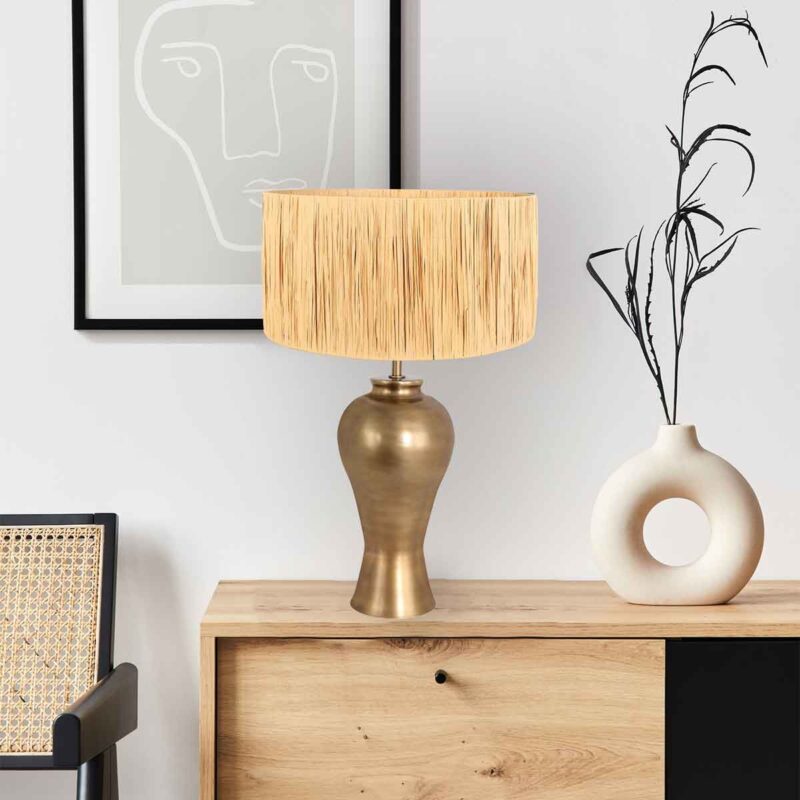 Bronskleurige vaas tafellamp Brass 3988BR inclusief naturel gras kap - Afbeelding 3