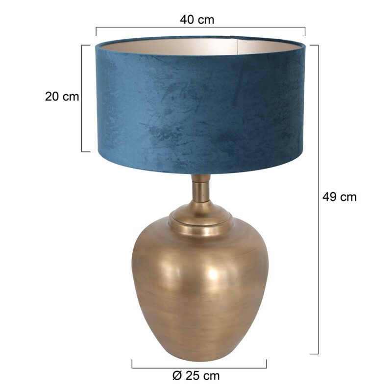 Bronskleurige vaas tafellamp Brass 7204BR inclusief blauw velours kap - Afbeelding 7