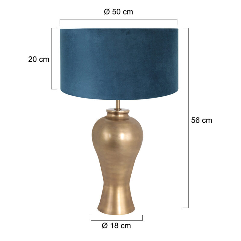 Bronskleurige vaas tafellamp Brass 7306BR inclusief blauw velours kap - Afbeelding 7