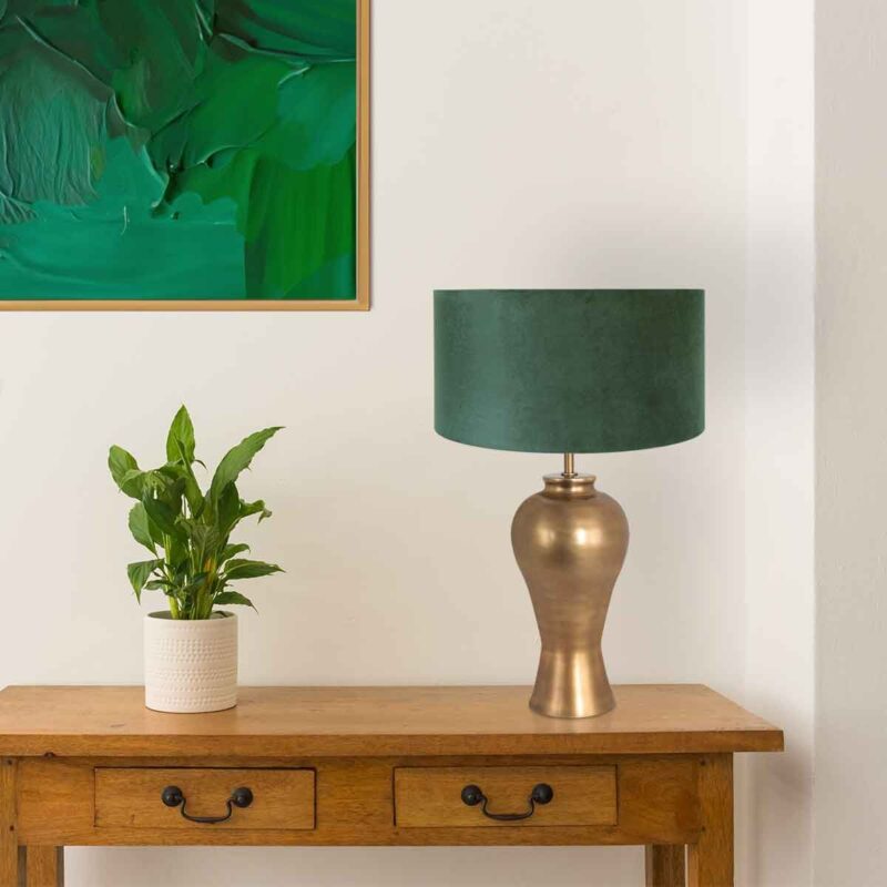 Bronskleurige vaas tafellamp Brass 7307BR inclusief groen  velours kap - Afbeelding 3