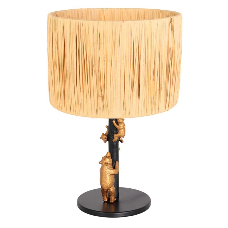 Goud met zwarte tafellamp Animaux 3714ZW met beige bruine gras kap - Afbeelding 2