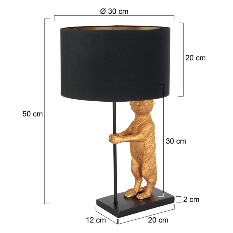 Goud met zwarte tafellamp Animaux 7202ZW met zwart goudkleurige linnen kap - Afbeelding 7
