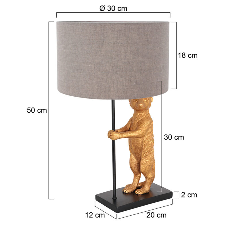 Goud met zwarte tafellamp Animaux 8224ZW met grijs linnen kap - Afbeelding 6