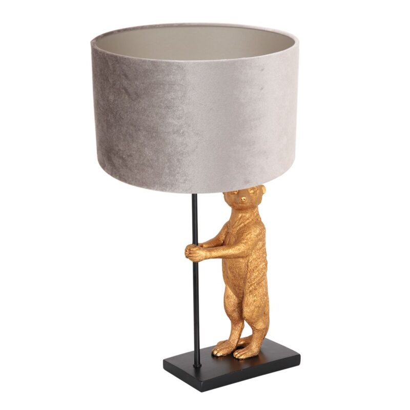 Goud met zwarte tafellamp Animaux 8227ZW met  fluweel grijs kleurige kap - Afbeelding 2