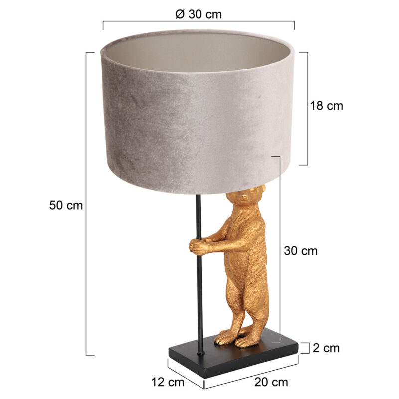 Goud met zwarte tafellamp Animaux 8227ZW met  fluweel grijs kleurige kap - Afbeelding 6