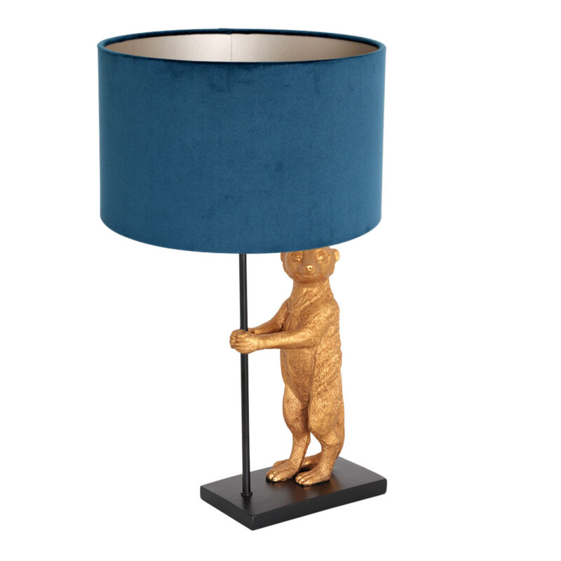 Goud met zwarte tafellamp Animaux 8229ZW met fluweel blauw kleurige kap - Afbeelding 2
