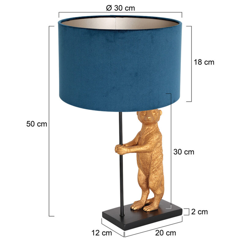 Goud met zwarte tafellamp Animaux 8229ZW met fluweel blauw kleurige kap - Afbeelding 6