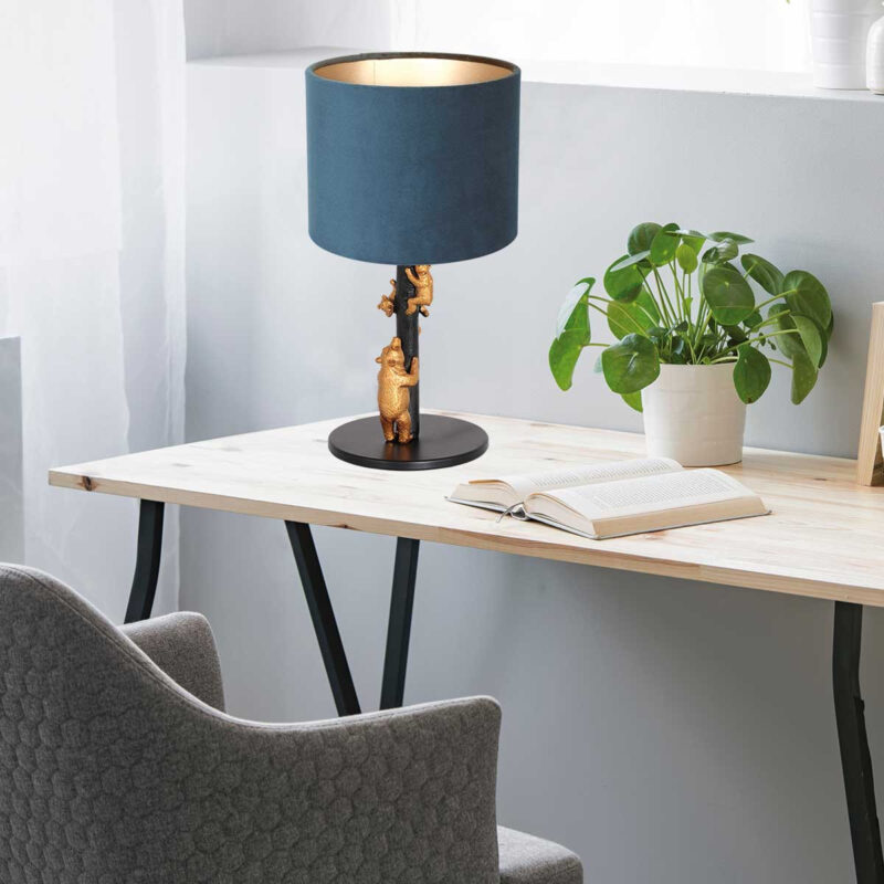 Goud met zwarte tafellamp Animaux 8236ZW met blauw fluwelen kap - Afbeelding 3