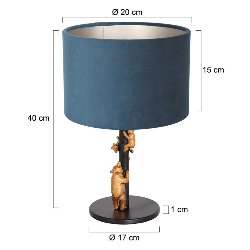 Goud met zwarte tafellamp Animaux 8236ZW met blauw fluwelen kap - Afbeelding 7
