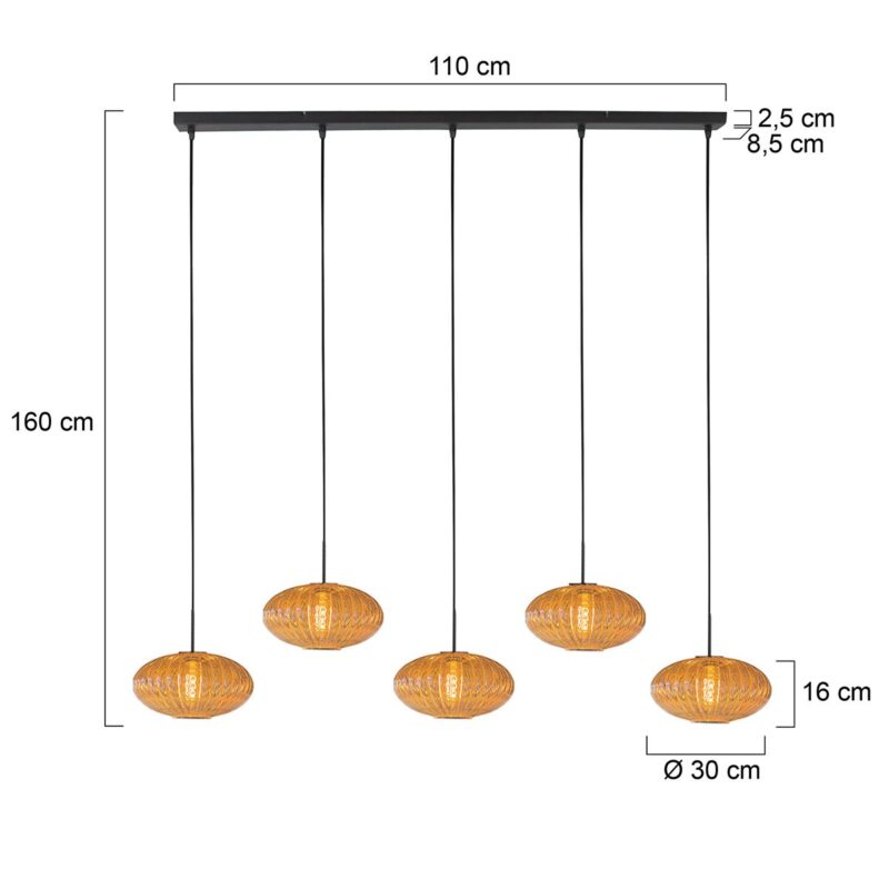 HaloSwap 4286ZW – Zwarte langwerpige hanglamp met warme amberkleurige glazen - Afbeelding 6