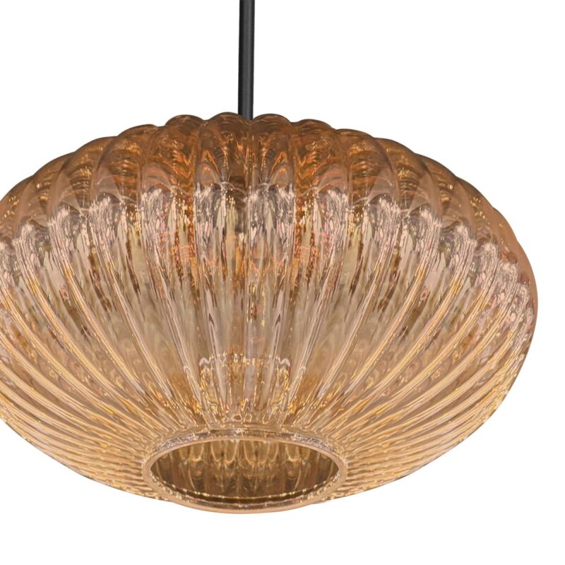 HaloSwap 4295ZW – Zwarte hanglamp met warm amberkleurig geribbeld glas - Afbeelding 4
