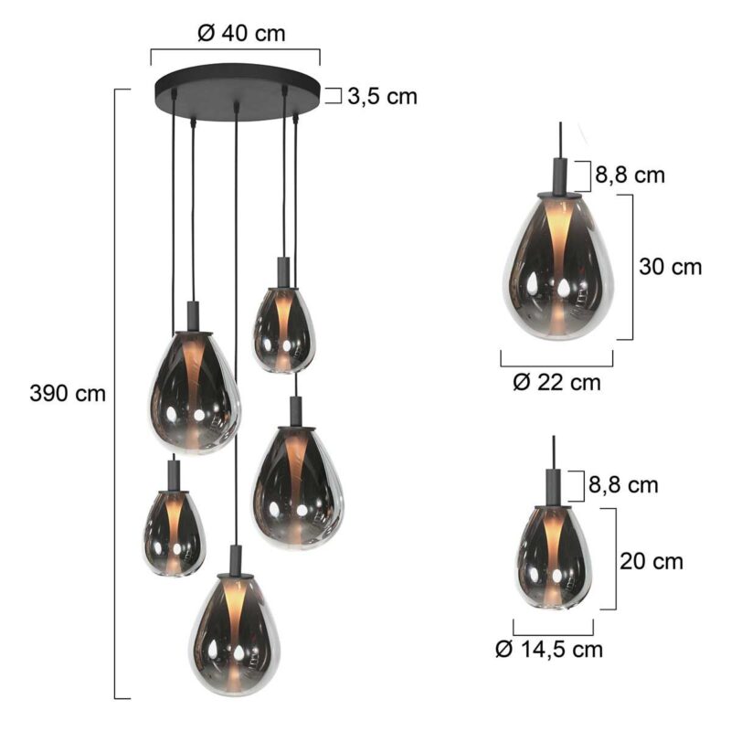 Hangl. 5-L. rond led glass smoke - Afbeelding 6