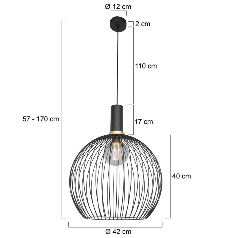 Hanglamp Aureole 3068ZW Zwart draadlamp met E27 fitting Ø45 - Afbeelding 8