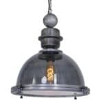 Vintage industriële hanglamp met glas en metalen details, perfect voor een stoere en stijlvolle interieurdecoratie. Geschikt voor woonkamer, keuken of kantoor.