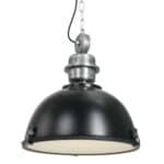 Robuuste industriële hanglamp met zwart metalen behuizing en verstelbare ketting, ideaal voor winkel- en horecainrichtingen.