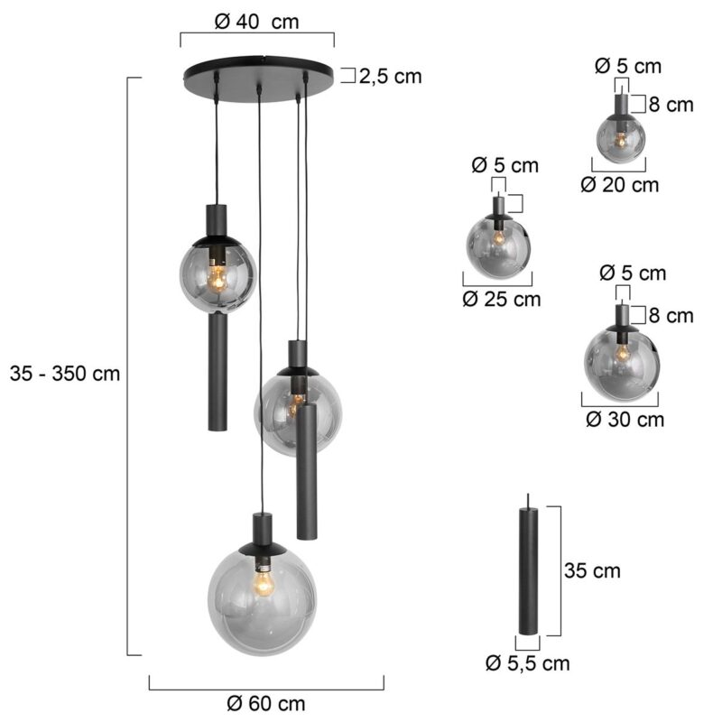 Hanglamp Bollique New 3800ZW Zwart 3 bollen 2 kokers - Afbeelding 7