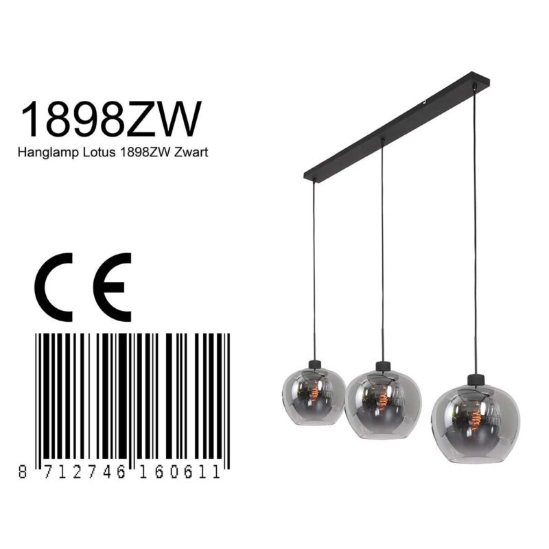 Hanglamp Lotus 1898ZW Zwart 3 lichts E27 fitting - Afbeelding 7