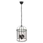 Hangkandelamp met zwarte metalen lijst en glazen koepel, industrieel stijl, geschikt voor eetkamer of woonkamer, inclusief vier lampen.