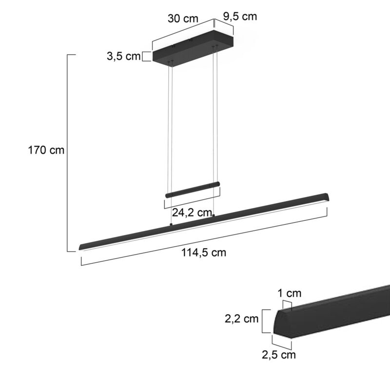 Hanglamp Profilo 3317ZW Zwart 115cm breed 1700 lumen - Afbeelding 7