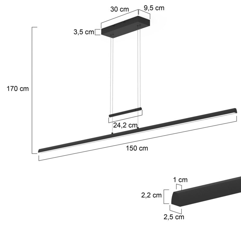 Hanglamp Profilo 3318ZW Zwart 150 cm breed 2100 lumen - Afbeelding 7
