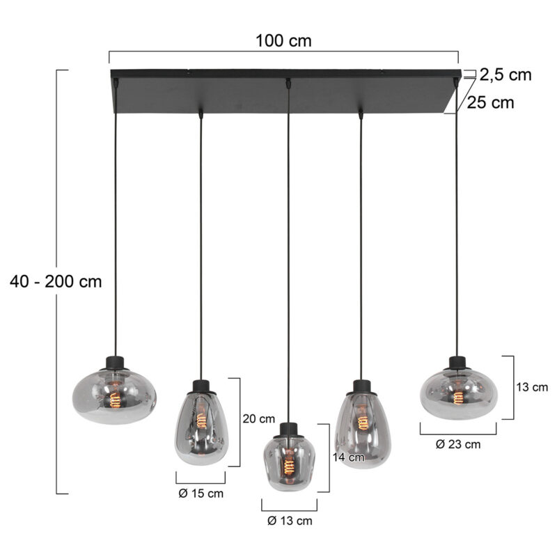 Hanglamp Reflexion 3078ZW Zwart E27 fitting 100cm breed - Afbeelding 8