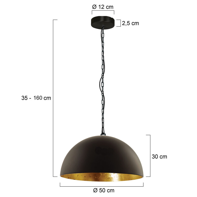 Hanglamp Semicirkel 2555ZW Zwart rond 50cm met gouden binnenkant - Afbeelding 7