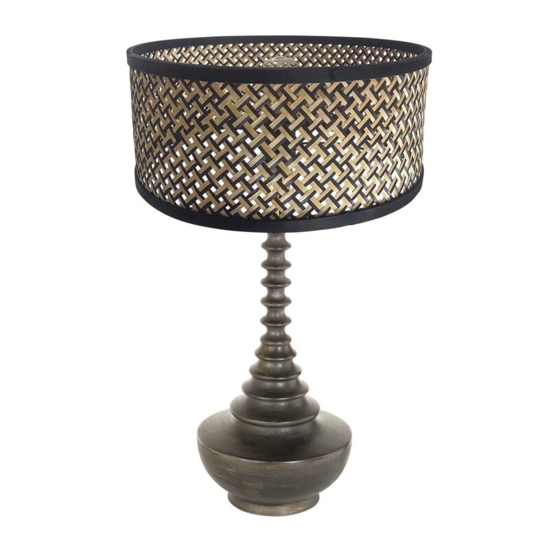 Lampvoet Bois 3756ZW zwartbruin met bamboe kap blank/zwart - Afbeelding 2