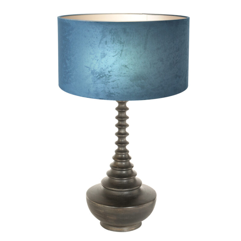 Lampvoet Bois 3763ZW zwart bruin met blauwe velours kap - Afbeelding 2