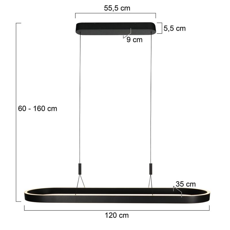 Ovale zwarte hanglamp Mykty 4205ZW – 120 cm breed, in hoogte verstelbaar met Cable Lift - Afbeelding 7