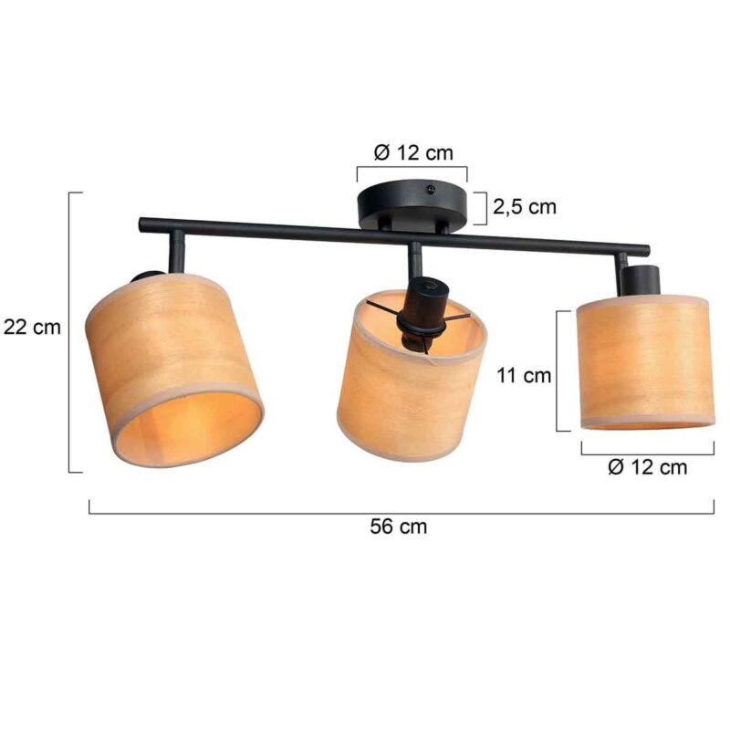 Plafondspot Bambus 3667ZW Zwart 3 lichts met houten kapjes - Afbeelding 6