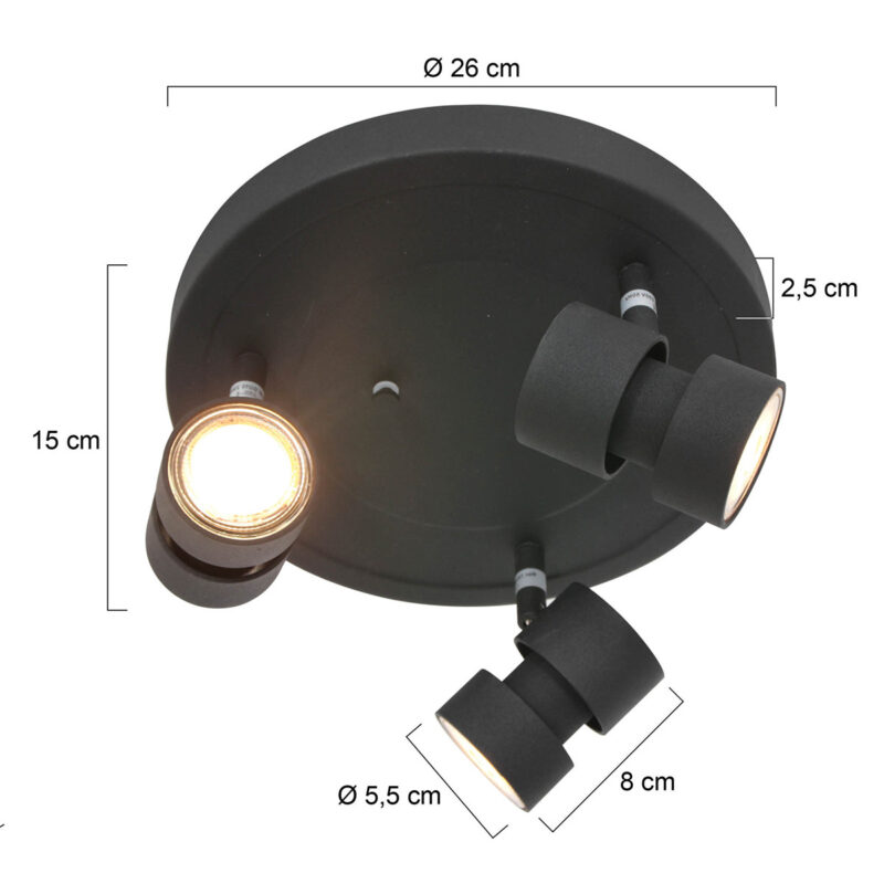 Ronde 3 lichts Plafondspot Natasja 7905ZW Zwart Inclusief lichtbronnen - Afbeelding 6