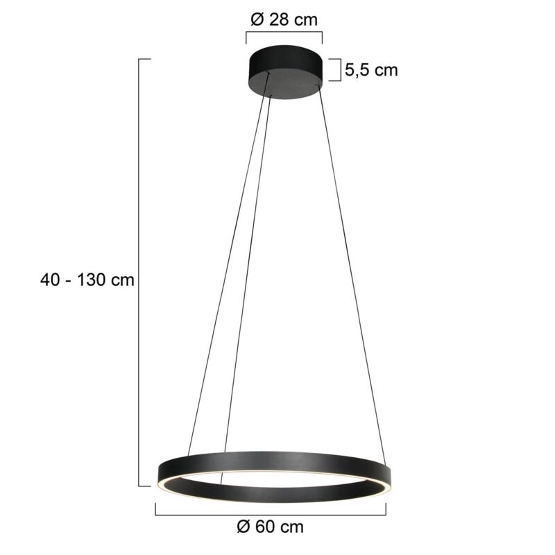 Ronde zwarte hanglamp Mykty 4203ZW – 60 cm diameter, in hoogte verstelbaar met Cable Lift, 7800 lumen - Afbeelding 6