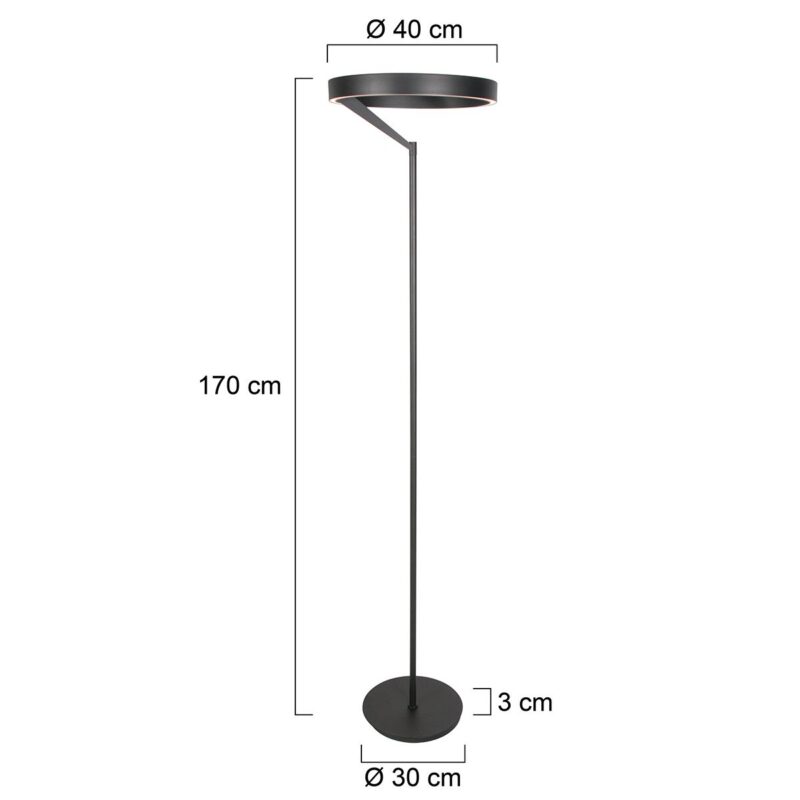 Rund sort gulvlampe Mykty 4201ZW – Ø40 cm, 170 cm høj, 5200 lumen, med gulvdæmper - Billede 6