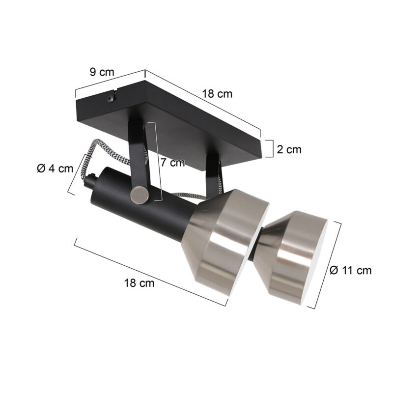 Spot - plafondlamp Acier 3338ZW Zwart met 2 x E27 fitting - Afbeelding 6