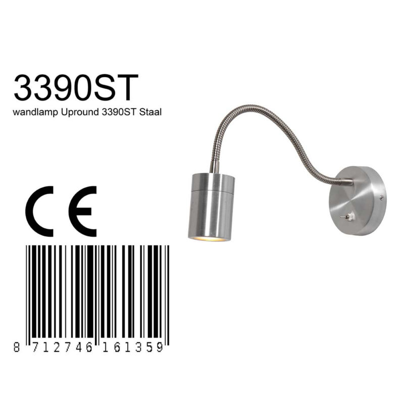 Staal kleurige wandlamp met flexibele arm 3390ST Upround inclusief lichtbron - Afbeelding 8