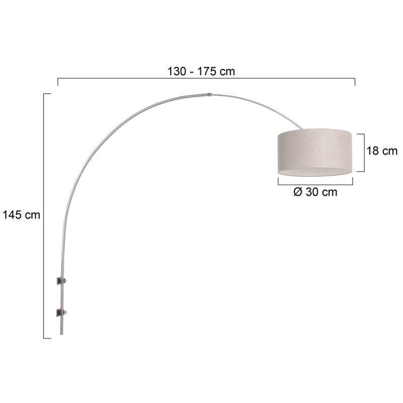 Staalkleurige boog / wandlamp Sparkled Light 8143ST met grijs linnen ton kap - Afbeelding 6