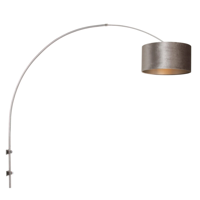 Staalkleurige boog / wandlamp Sparkled Light 8146ST met grijs velours ton kap - Afbeelding 2