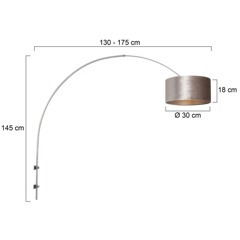 Staalkleurige boog / wandlamp Sparkled Light 8146ST met grijs velours ton kap - Afbeelding 6